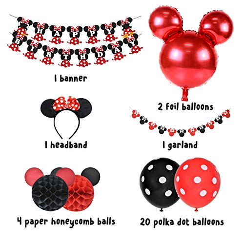 Artículos para la fiesta de Minnie Mouse Decoraciones de cumpleaños Rojo y negro para niñas, Cinta para la oreja, Banner de feliz cumpleaños y Guirnaldas para las decoraciones del 1 ° 2 ° cumpleaños