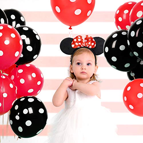 Artículos para la fiesta de Minnie Mouse Decoraciones de cumpleaños Rojo y negro para niñas, Cinta para la oreja, Banner de feliz cumpleaños y Guirnaldas para las decoraciones del 1 ° 2 ° cumpleaños