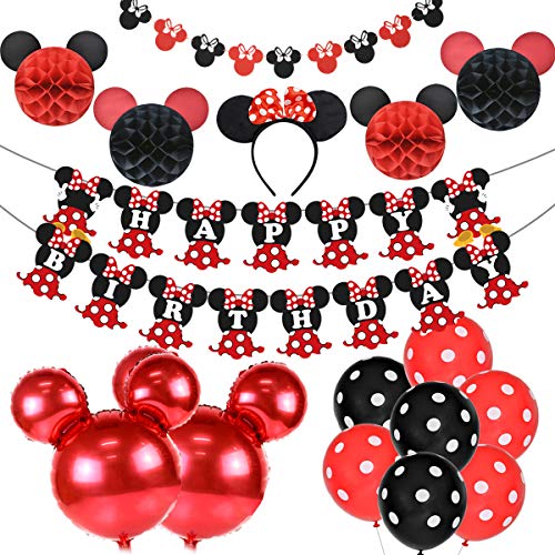 Artículos para la fiesta de Minnie Mouse Decoraciones de cumpleaños Rojo y negro para niñas, Cinta para la oreja, Banner de feliz cumpleaños y Guirnaldas para las decoraciones del 1 ° 2 ° cumpleaños