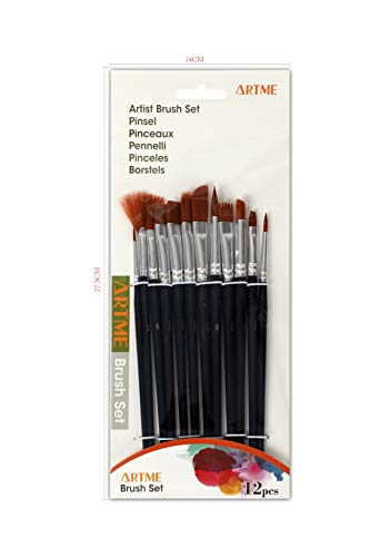 Artme 12pz Conjunto De Pinceles De Artista De Nylon - Cepillos Mixtos Profesionales En Embalaje Económico. Perfecto Para Acuarela/Acrílico/Gouache/Aceite/Pintura De La Cara - Uso Múltiple