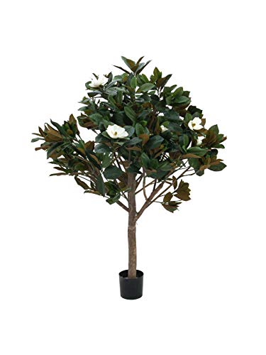 artplants.de Set 'Árbol Magnolia Artificial + Spray de protección UV' - Magnolio sintético CETTINA, Tronco Real, con Flores, Blanco, 150cm