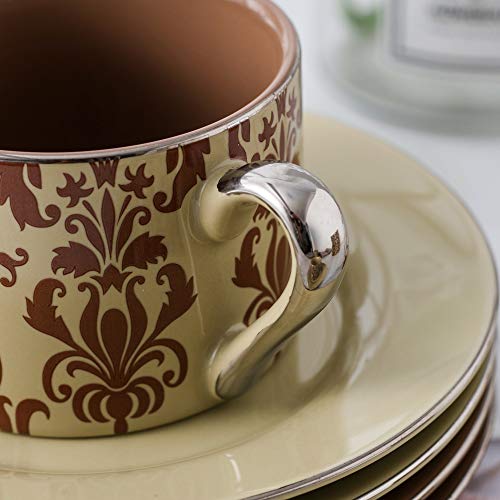 Artvigor 6 Juegos de Tazas de Café/Té de Porcelana con Apliques Tazas de Cerámica, 220 ml, Juegos de Vajillas de Leche para Hogar, Oficina, Cafetería, Restaurante, Regalo para Cumpleaños, Festival