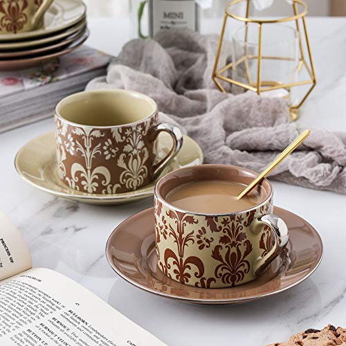 Artvigor 6 Juegos de Tazas de Café/Té de Porcelana con Apliques Tazas de Cerámica, 220 ml, Juegos de Vajillas de Leche para Hogar, Oficina, Cafetería, Restaurante, Regalo para Cumpleaños, Festival