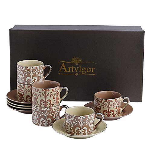 Artvigor 6 Juegos de Tazas de Café/Té de Porcelana con Apliques Tazas de Cerámica, 220 ml, Juegos de Vajillas de Leche para Hogar, Oficina, Cafetería, Restaurante, Regalo para Cumpleaños, Festival