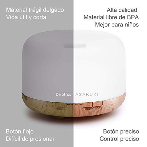 ASAKUKI 500ml Humidificador Ultrasónico Aromaterapia, Difusor de Aceites Esenciales, 7-Color LED, 4 Temporizador, Apagado Automático sin Agua, Humidificador Bebes, Hogar, Oficina, Bebé, Dormitorio