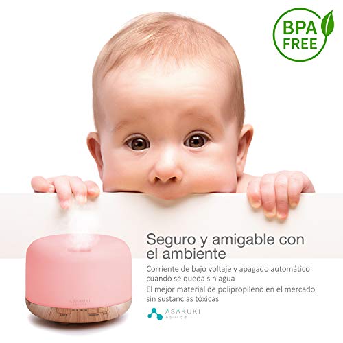 ASAKUKI 500ml Humidificador Ultrasónico Aromaterapia, Difusor de Aceites Esenciales, 7-Color LED, 4 Temporizador, Apagado Automático sin Agua, Humidificador Bebes, Hogar, Oficina, Bebé, Dormitorio