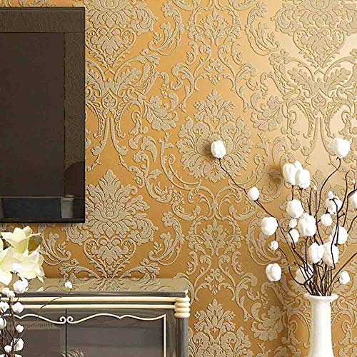 Asdomo - Papel pintado autoadhesivo para pared (53 cm, 5 m), diseño de damasco, dorado