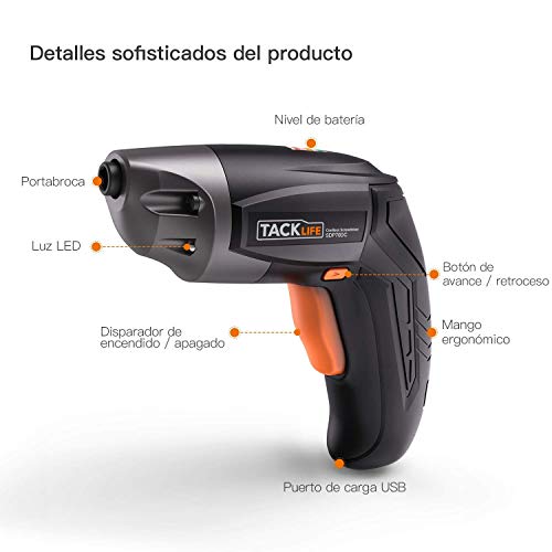 Atornillador Inalámbrico TACKLIFE SDP70DC, 3 Nm Par Máx 3.6V Mini Taladro Eléctrico 2.0 AH Atornillador Bateria Biela de Carga USB, LED, 32 Puntas, Para Montaje de Mueble y Encuadernación Mural