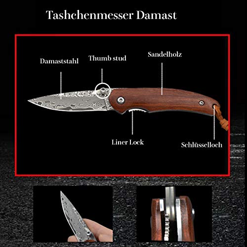 AUBEY Cuchillo de Bolsillo de Damasco Pequeño Mango de Madera Mini Acero Damasco Cuchillo Plegable EDC Supervivencia al Aire Libre