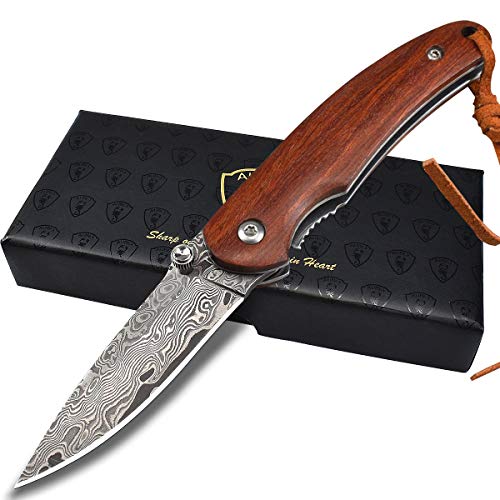 AUBEY Cuchillo de Bolsillo de Damasco Pequeño Mango de Madera Mini Acero Damasco Cuchillo Plegable EDC Supervivencia al Aire Libre