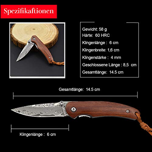 AUBEY Cuchillo de Bolsillo de Damasco Pequeño Mango de Madera Mini Acero Damasco Cuchillo Plegable EDC Supervivencia al Aire Libre