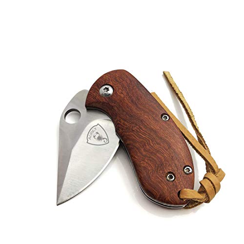 AUBEY Cuchillo de Bolsillo Pequeño Mini Cuchillo EDC Cuchillo Plegable Mango de Madera 440A Cuchillo de Pesca de Cuchilla de Acero Sharp Llavero de Madera al Aire Libre