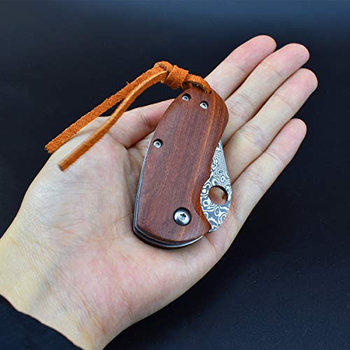 AUBEY Damasco Navaja de Bolsillo Pequeño Mini Cuchillo EDC Plegable Mango de Madera Cuchillo de Pesca de Acero de Damasco Afilado Llavero de Madera al Aire Libre