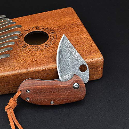 AUBEY Damasco Navaja de Bolsillo Pequeño Mini Cuchillo EDC Plegable Mango de Madera Cuchillo de Pesca de Acero de Damasco Afilado Llavero de Madera al Aire Libre