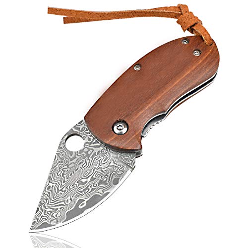 AUBEY Damasco Navaja de Bolsillo Pequeño Mini Cuchillo EDC Plegable Mango de Madera Cuchillo de Pesca de Acero de Damasco Afilado Llavero de Madera al Aire Libre