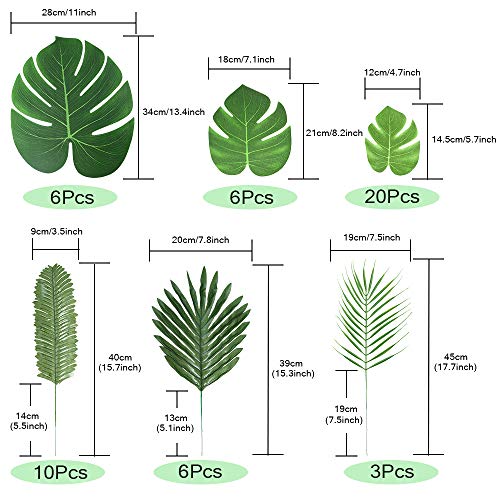 Auihiay - Juego de 70 hojas artificiales de palmeras para decoración de fiestas de la selva, cumpleaños y fiestas hawaianas