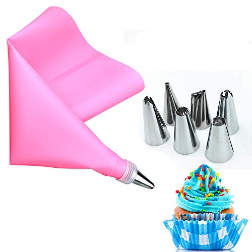 AukCherie Boquillas para repostería, 8 Piezas, de Acero Inoxidable, 6 boquillas, 1 Bolsillo para repostería, 1 acoplador, DIY Kits para decoración de Tartas (pink1)