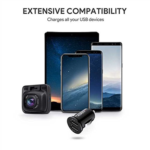 AUKEY Cargador de Coche con Doble Puerto Cargador Móvil 24W / 4,8A con Tecnología AiPower Adaptador de Coche para iPhone XS / Max / X, iPad Air / Pro, Samsung, y más