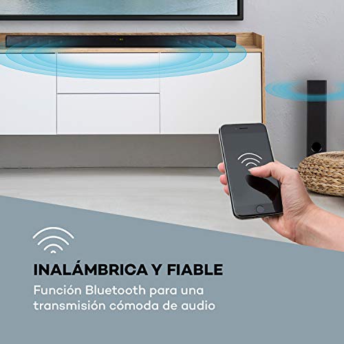 auna Areal Bar 750 Sistema de Sonido 2.1 - Barra de Sonido con subwoofer inalámbrico, 120 W RMS de Potencia Total, entradas óptica, coaxial y Auxiliar, Puerto USB y HDMI-ARC, Bluetooth, Negro