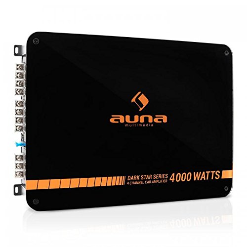 auna Dark Star 4000 - Amplificador HiFi para Coche , Amplificador de 4 Canales , Potencia 4000 W , 2 x entradas estéreo RCA , Retroiluminación LED , Chasis metálico , Carcasa de acrílico , Negro