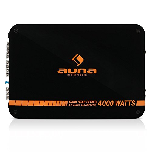 auna Dark Star 4000 - Amplificador HiFi para Coche , Amplificador de 4 Canales , Potencia 4000 W , 2 x entradas estéreo RCA , Retroiluminación LED , Chasis metálico , Carcasa de acrílico , Negro