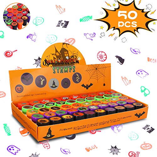 Auney 50pcs Sellos para niños, Sellos de Tinta automática Sellos de Halloween para niños, favores de Fiesta de Halloween, Rellenos de Bolsas de Regalos