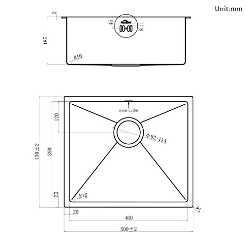 Auralum - Fregadero Cocina Un Seno 50x43cm Fregaderos de Acero Inoxidable Cepillado 304 con Sifones Desagüe para Cocina