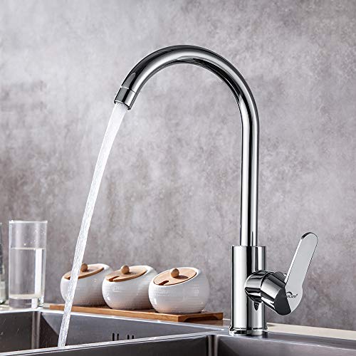 Auralum Grifo de cocina con Giro de 360°, Caño alto, Diseño Elegante Grifos de Fregadero Monomando en Latón y Cromado para Agua Caliente y Fría