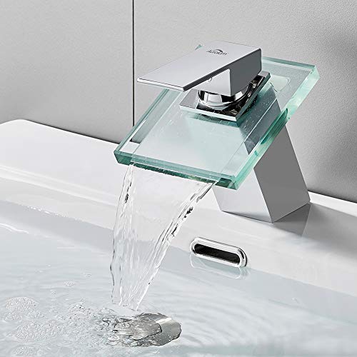 AuraLum Grifo para Lavabo Cromo con Cristal Cascada, Mezclador de Baño Monomando de Una Sola Palanca de Cascada Fregadero, Grifo de Cobre para Baño Cuarto de Baño para Lavabo