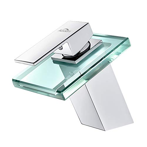 AuraLum Grifo para Lavabo Cromo con Cristal Cascada, Mezclador de Baño Monomando de Una Sola Palanca de Cascada Fregadero, Grifo de Cobre para Baño Cuarto de Baño para Lavabo