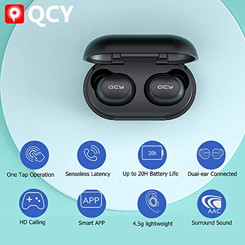 Auriculares Inalambricos, QCY TWS Bluetooth Auriculares HiFi Mini Estéreo Auriculares Deportivos, Cancelación Ruido Wireless Impermeables In-Ear Earphones Headphones Dura 20 Horas, para iOS Android