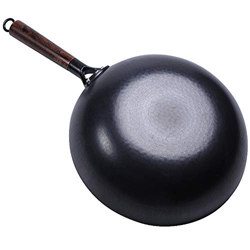 Auténtica mano martillado wok. Wok de fondo plano de 12 pulgadas (32 cm). Olla de hierro hecha a mano china Adecuada para cocina de inducción y gas natural