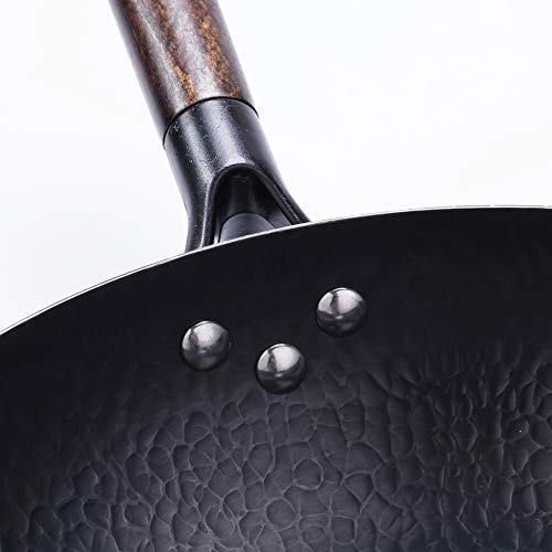 Auténtica mano martillado wok. Wok de fondo plano de 12 pulgadas (32 cm). Olla de hierro hecha a mano china Adecuada para cocina de inducción y gas natural