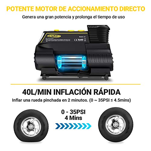 AUTLEAD C2 Compresor Aire Coche, 12V Auto Inflactor Ruedas Coche Embalado, Inflador Electrónico con Conector Rápido, Manómetro Digital, 3 Posiciones Luz, Cable Extenso, 4 Adaptadores de Válvulas