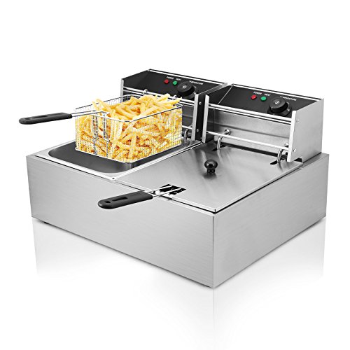 Autocompra Freidora Eléctrica 12L 5000W Freidora Industrial Acero Inoxidable para Patatas Fritas Deep Fryer Commercial ( 6L + 6L Tanque con accesorios )