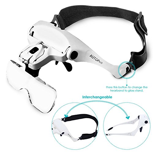 AUTOPkio Lentes de aumento, Lupa con luz 2 LED, Lupas de Gran Aumento para Modelismo, Reparaciones, Coser, Joyería y Relojería, intercambiables 5 lentes 1.0X, 1.5X, 2.0X, 2.5X, 3.5X