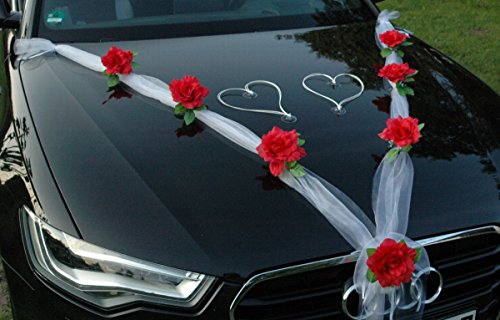 Autoschmuck Decoración para Coche (Tela de Organza con Rosas de ratán) para Coches de Novios (Rojo y Blanco)