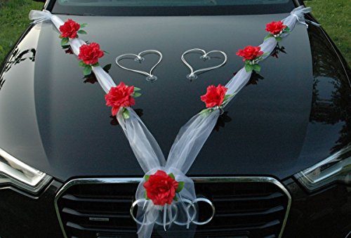 Autoschmuck Decoración para Coche (Tela de Organza con Rosas de ratán) para Coches de Novios (Rojo y Blanco)