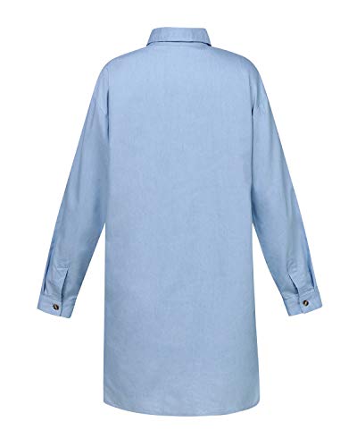 Auxo Mujeres Sexy Camisa Vestido Cuello en V Manga Larga Bolsillo Casual Túnica Suelta Tops Blusa Mini Jean Vestidos Azul Cielo S