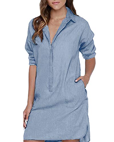 Auxo Mujeres Sexy Camisa Vestido Cuello en V Manga Larga Bolsillo Casual Túnica Suelta Tops Blusa Mini Jean Vestidos Azul Cielo S