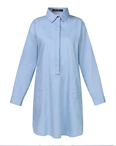 Auxo Mujeres Sexy Camisa Vestido Cuello en V Manga Larga Bolsillo Casual Túnica Suelta Tops Blusa Mini Jean Vestidos Azul Cielo S