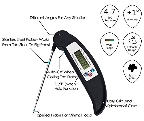 AVAX DT-X (TM) - termómetro de cocina Digital LCD plegable sonda de vino, comida, carne, carne, Turquía, barbacoa, Yerba Mate, leche, azúcar, etc. - Rango de temperatura: - 50C para tareas con otros / - 58F al 572F - Negro