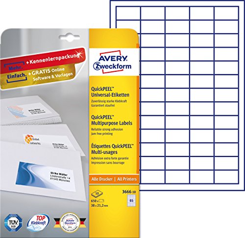 Avery Zweckform 6121 universal de etiquetas (A4, papel mate, 1,625 etiquetas, 38 x 21,2 mm) Color Blanco 10 Blatt