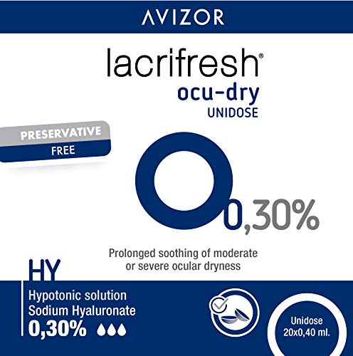 Avizor Lacrifresh Ocu-Dry 0.30%. Monodosis gotas oculares. 20 ampollas 0,4 ml de gotas oculares para aliviar los síntomas de la irritación ocular.