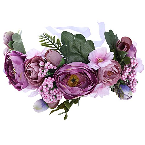 AWAYTR mujeres niñas Boho flor corona diadema floral corona guirnalda (Morado + Rosa)