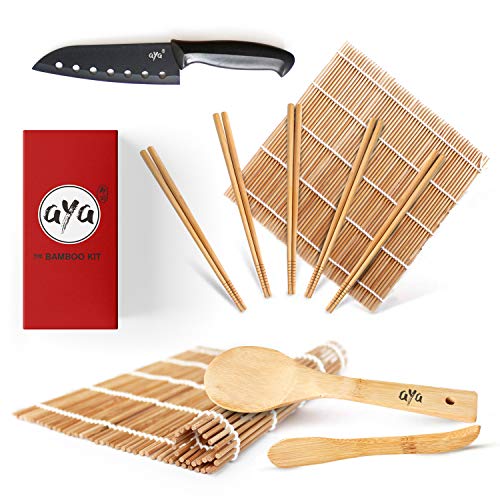 AYA Kit para Sushi - Kit en Bambú Cuchillo de Sushi – Videos Tutoriales en Línea - 2 Esterillas para Enrollar – Esterillas de Bambú 100% Natural de Primera Calidad.