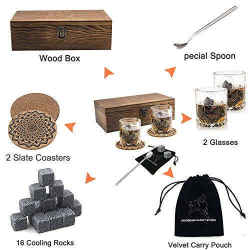 AYAOQIANG Juego de Vasos de Whisky - 16 Caja de Regalo de Piedra de Whisky - Clips de Rocas escocesas, Posavasos, Piedras de refrigeración y Gafas de Bar - Caja de Regalo de Madera