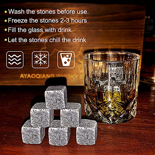 AYAOQIANG Juego de Vasos de Whisky - 16 Caja de Regalo de Piedra de Whisky - Clips de Rocas escocesas, Posavasos, Piedras de refrigeración y Gafas de Bar - Caja de Regalo de Madera
