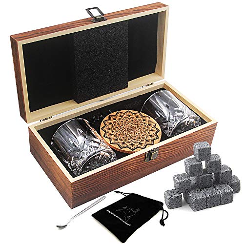 AYAOQIANG Juego de Vasos de Whisky - 16 Caja de Regalo de Piedra de Whisky - Clips de Rocas escocesas, Posavasos, Piedras de refrigeración y Gafas de Bar - Caja de Regalo de Madera