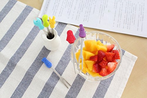 AYOMI Fruta/Pastel/Ensalada Tenedores púas para hogar y Restaurante, Cute Dibujos Animados Alimentos Palillos Accesorios, 6 Piezas Juego de Soportes con Tenedores Silicona Mango Acero Inoxidable